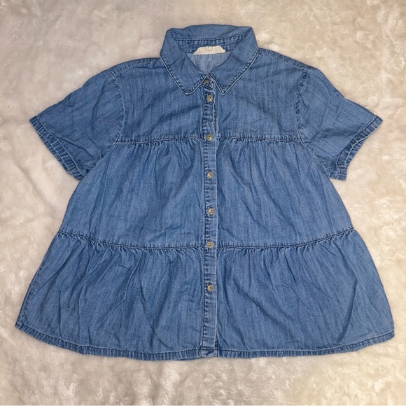 Madewell Denim Seamed Button Down Shirt Tiered Chambray Babydoll Ruffle Top Sz S - Picture 3 of 7